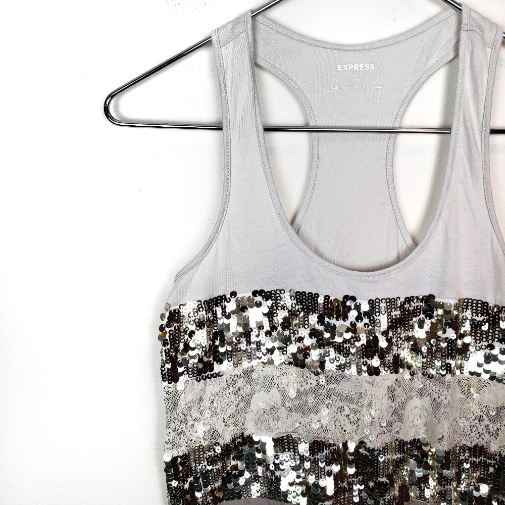 EXPRESS Gray Lace & Sequined Flowy Tank Top XS - Picture 2 of 7